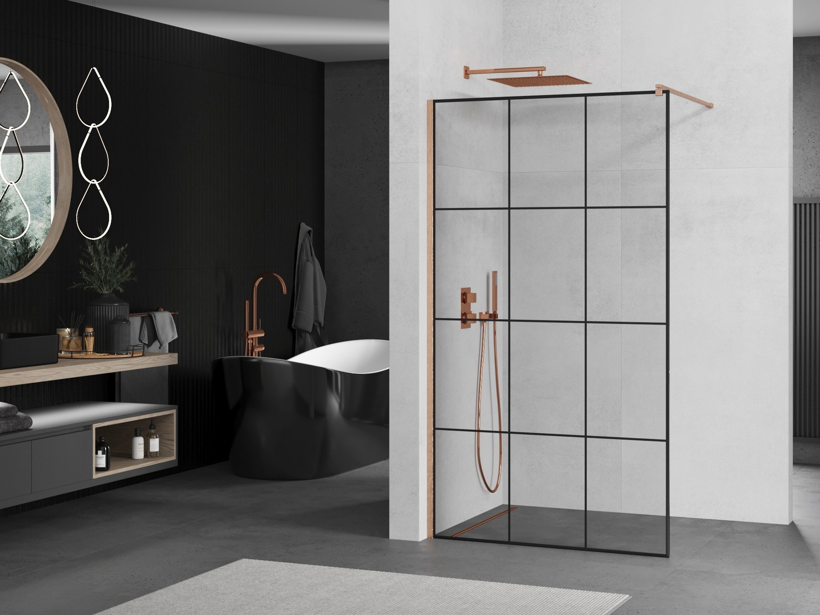 Mexen Kioto ścianka prysznicowa Walk-in 100 x 200 cm, czarna kratka 8 mm, miedź szczotkowana - 800-100-101-65-77